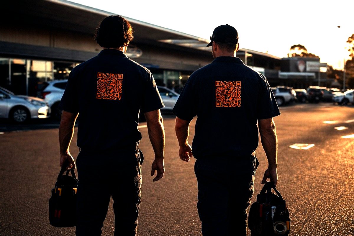 Tradies walking through a car park with QR codes on the back of their shirts