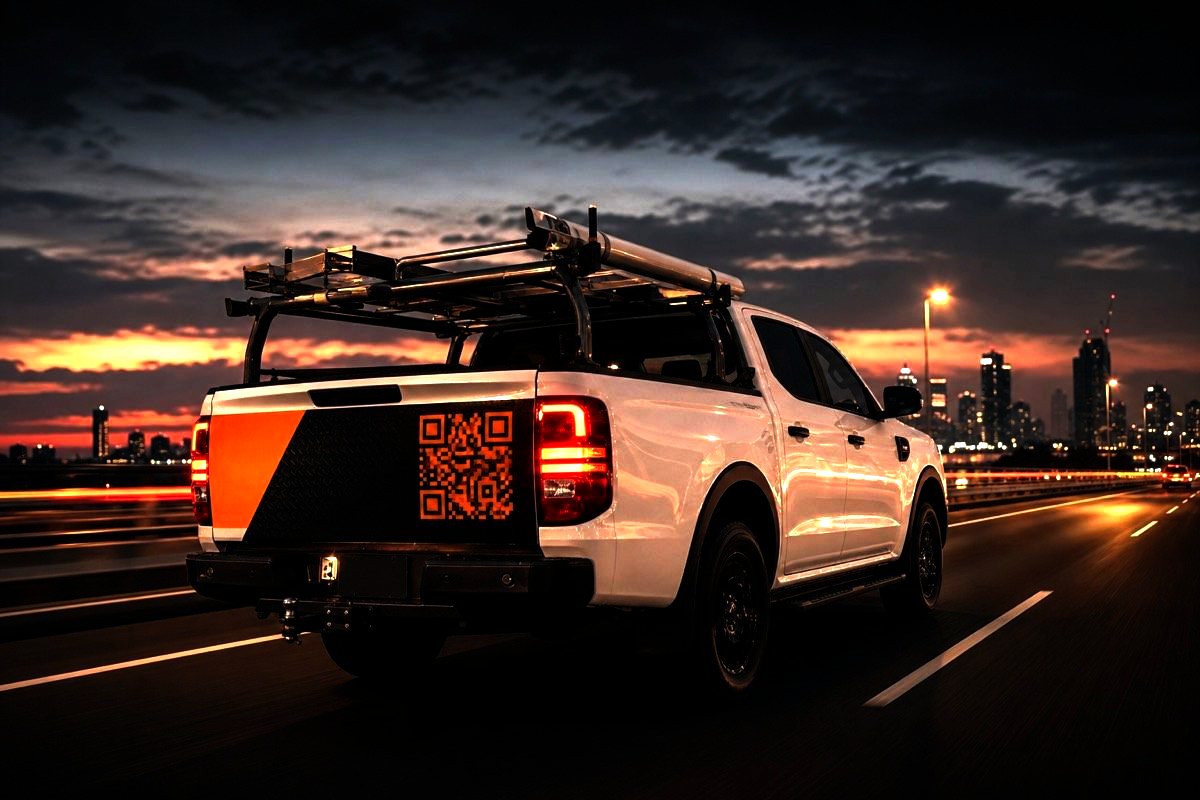 Australian tradie truck with a QR panel on the tailgate at twilight