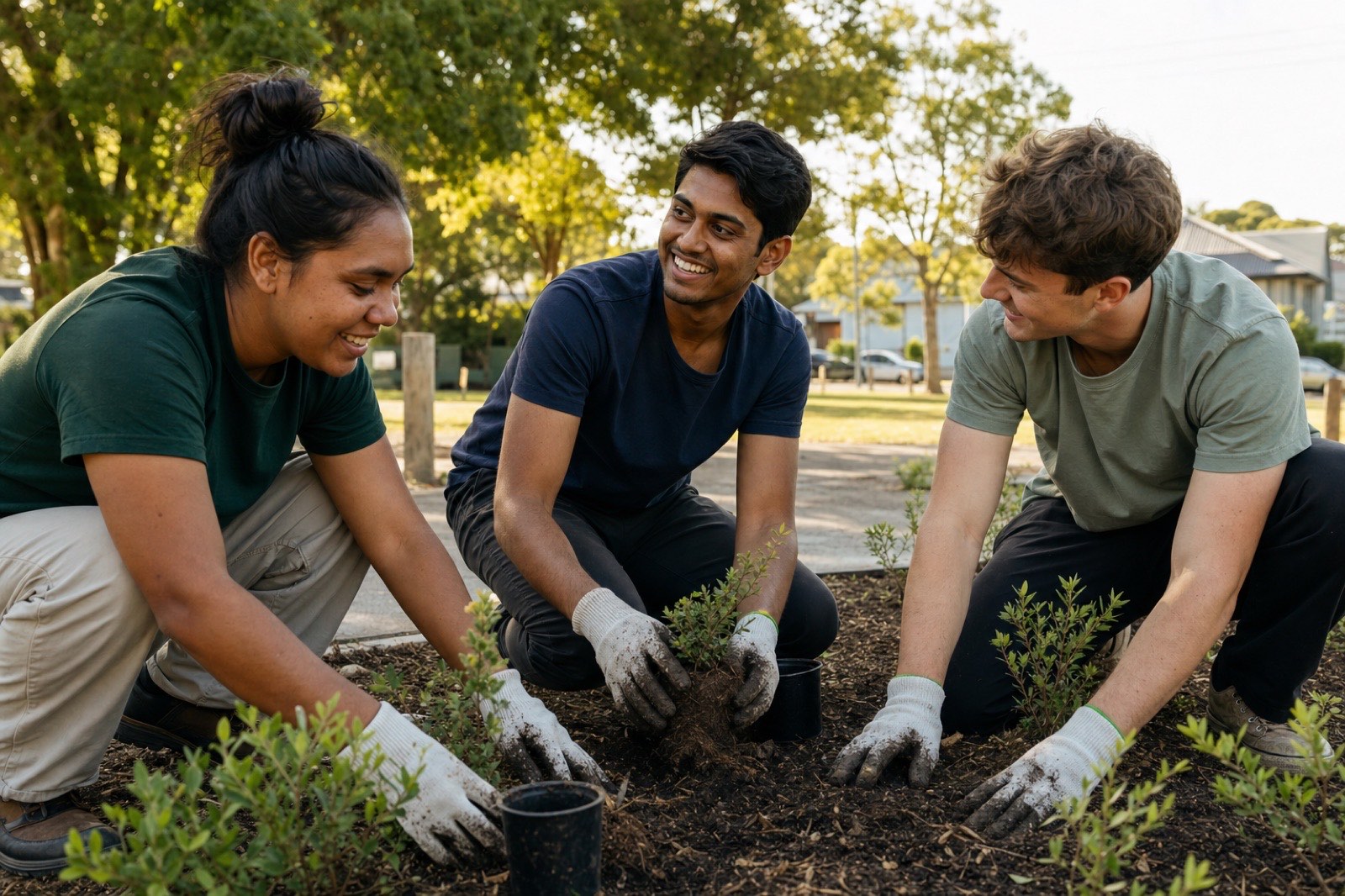 Young Australians volunteering together in their community garden